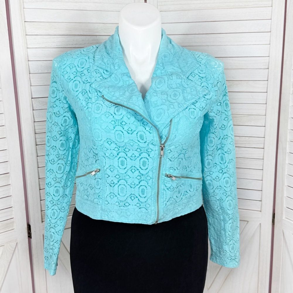 Cato Lace Moto Jacket Women Large Teal Blue Zip Up Crop Turquoise Boho Cottage